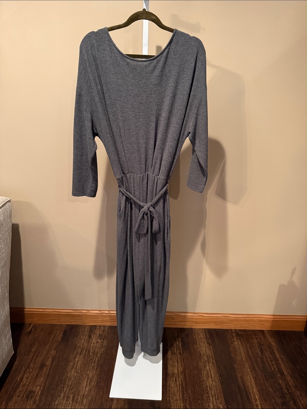 Express Charcoal Gray Knit Jumpsuit with Waist Tie and pockets